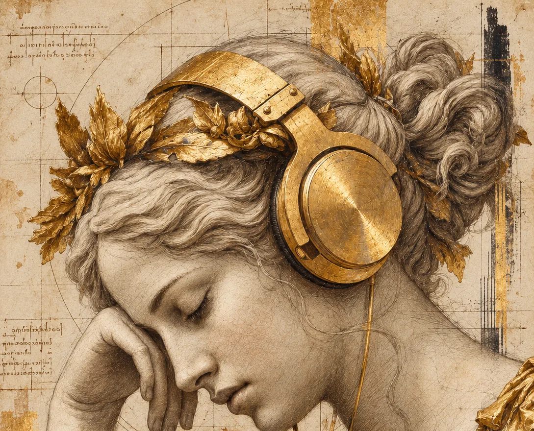 A muse in golden headphones and a laurel crown, listening with eyes closed — original artwork for SUTEMI faire